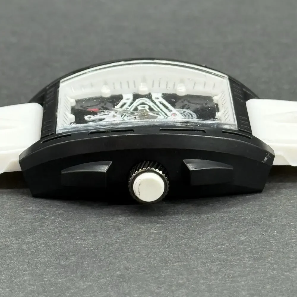 Mens White Tonneau Quartz Mille Fashion Watch Skeleton Dial Mille Style Barrel